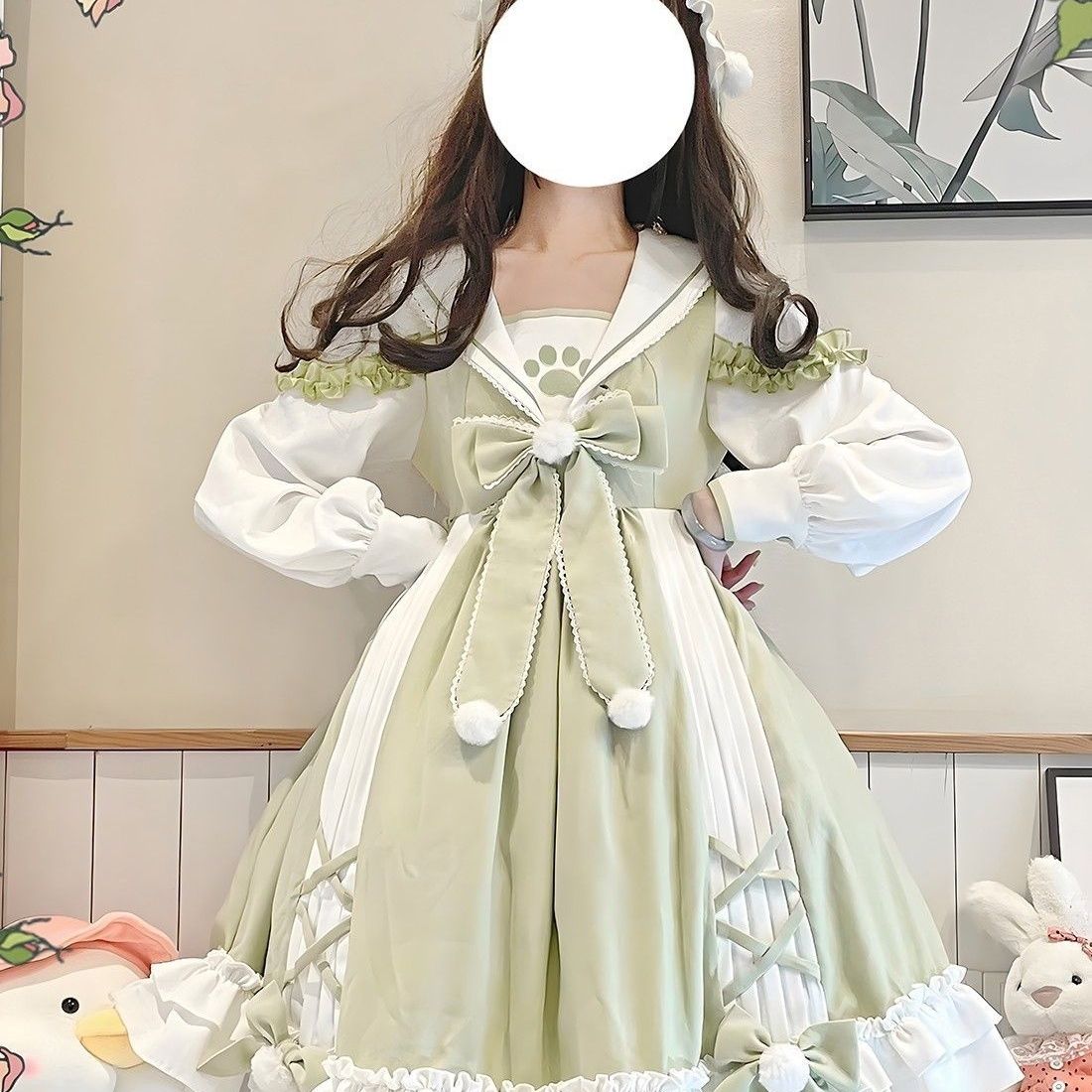 ロリータ キュートカレッジ風ピュアカラー開襟猫爪op日系優しい女の子スカート 春夏ロリータプリンセススカート