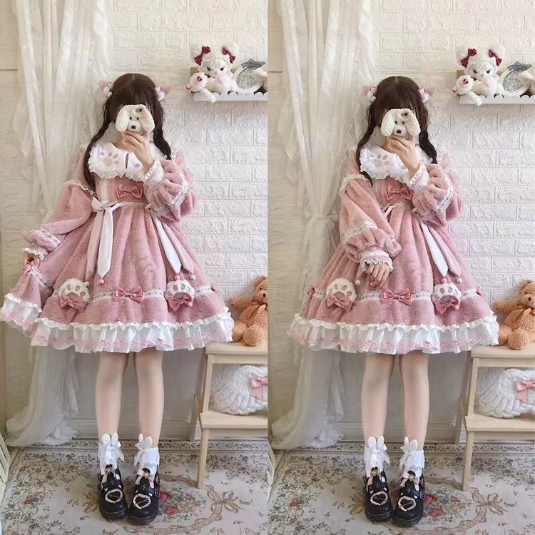 ぬいぐるみ冬長袖厚手ロリータドレス可愛い