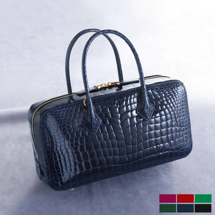 スモールクロコダイルハンドバッグレディースラウンドファスナーシャイニング両面センター取