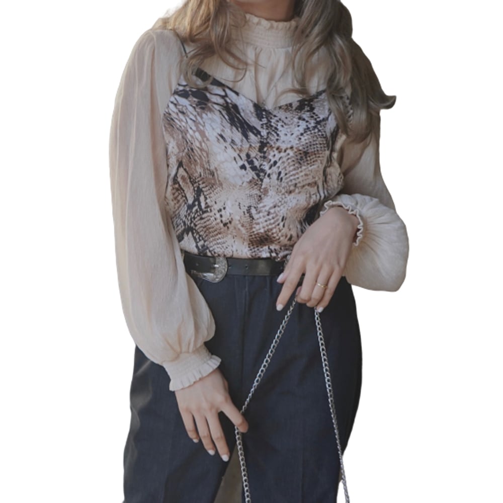 Balloonsleeve Chiffon High Neck Tops (ecru) A,D,G レディース