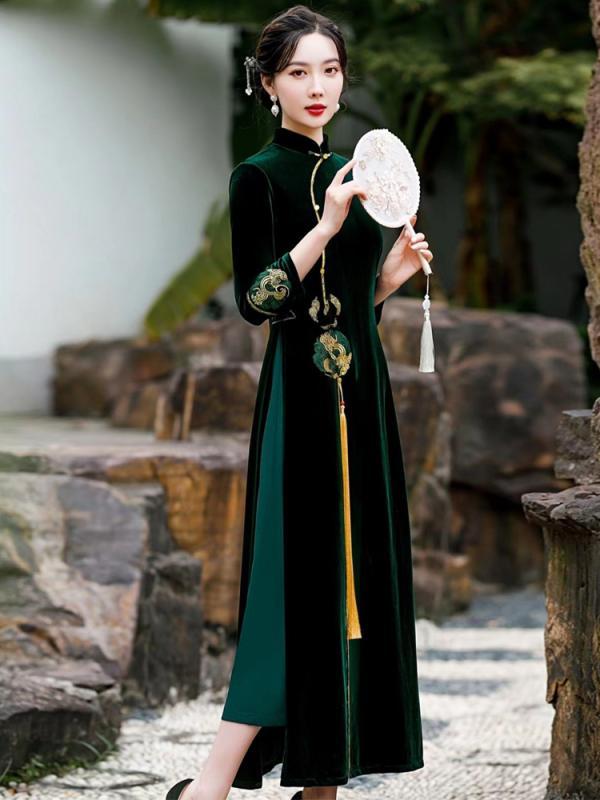 チャイナドレス レディース パーティー イベント フォーマル お呼ばれ コスプレ ロング きいサイズ アオザイ レトロ エレガント ワンピース スカート 七分袖 ハイウエスト Aライン レース グリー 6,156円