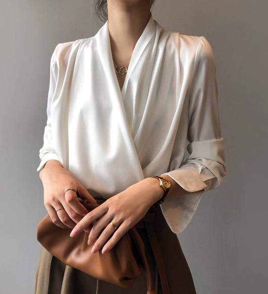 レディース トップス シャツ ブラウス シャツワンピ 長袖 ボリューム袖 Vネック カシュクール 薄手 かわいい 大人可愛い 上品 おしゃれ こなれ感 ラフ エレガント フォーマル とろみ感 ラブリー