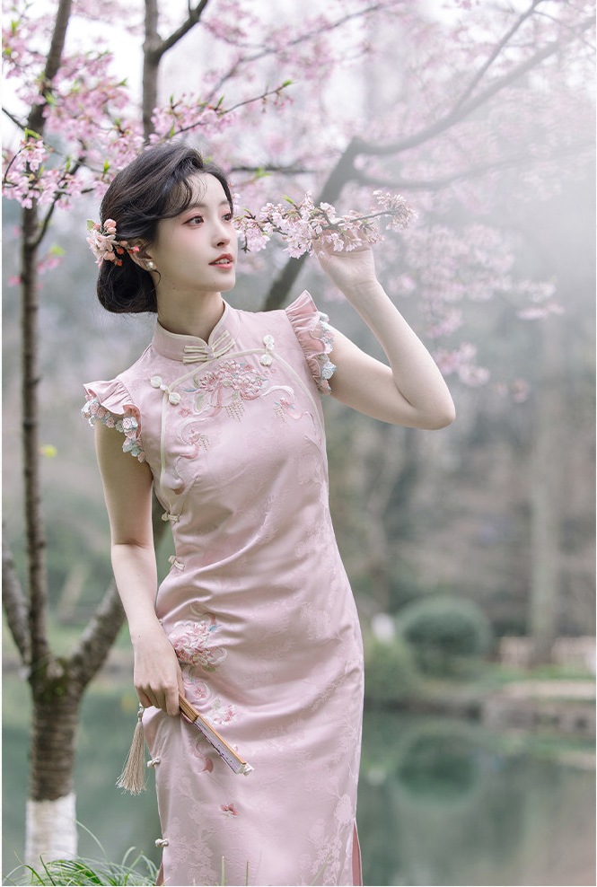 チャイナドレス レディース ロングワンピース 高級 桜刺繍 ピンク フリル袖 ワンピース 桜の季節 写真映え 上品 エレガント