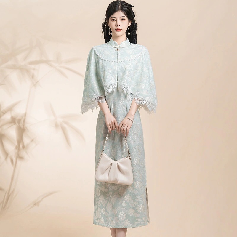 【酔清風.上品】 チャイナドレス ケープ付き チャイナワンピース スリット レトロドレス パーティー フォーマル 演奏会 成人式 新中式30%までに制限