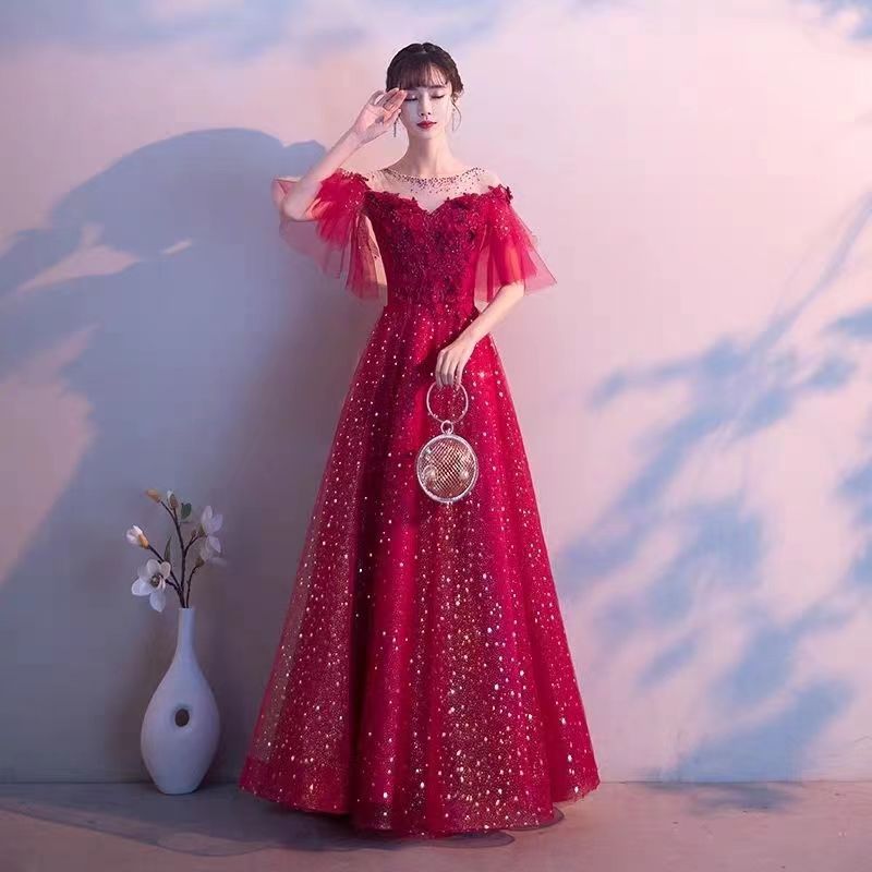 ワインレッドの花嫁敬酒服モーニングガウン2025スリムスリムワンピース腹隠し宴会イブニングドレス
