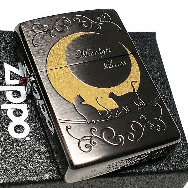 ZIPPO ライター ジッポ ネコ 猫 キャット ムーン 可愛い 三日月 ブラックニッケルサテン