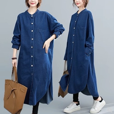 ワンピース ゆったり デニムワンピース ロング丈 長袖 襟付き ボタン ポケット 前開き 通気性 デニム ブルーデニム シンプル カジュアル おしゃれ お洒落 レトロ 可愛い 女子