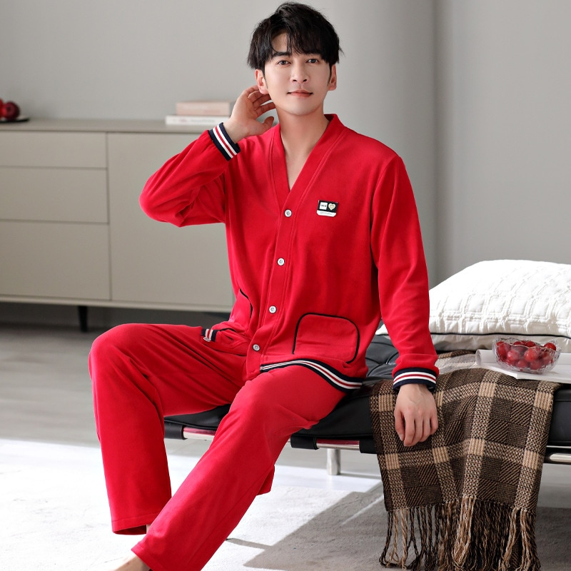 コーラルベルベットパジャマ男性秋冬薄手ベルベットフランネル動物年赤長袖暖かいアイランドベルベットホーム服