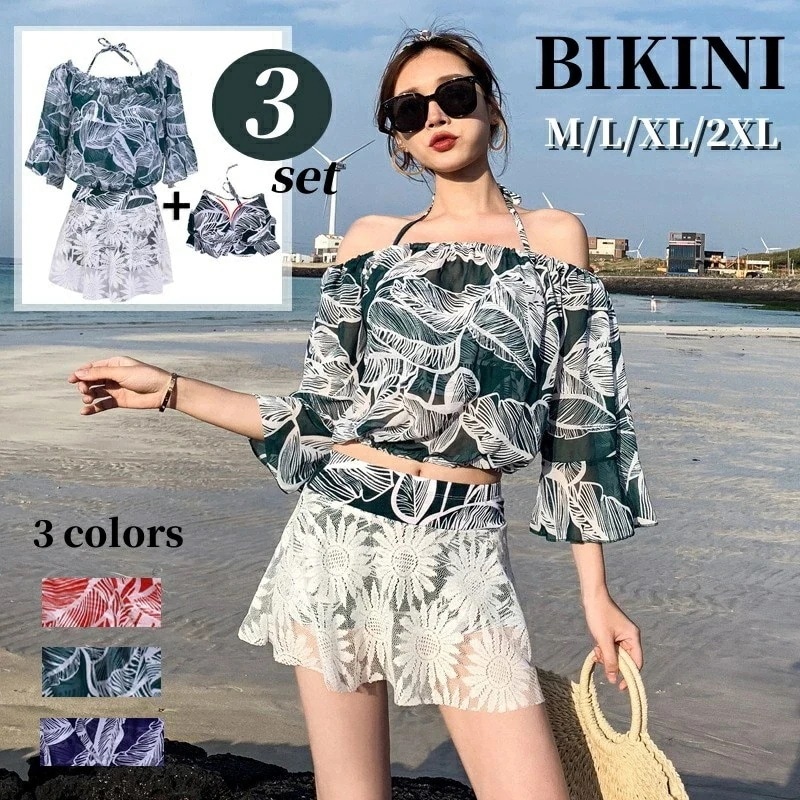 水着 レディース 体型カバー 3点セット 花柄 バスト 盛れる ビキニ ビスチェ スカート セパレート ワイヤー入り タンキニ 韓国風 セクシー 紫外線カット 透け スイミング 海 ビーチ