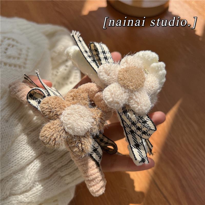 春のヘアアクセサリーぬいぐるみの花のグラブクリップ韓国格子縞の弓の頭飾り