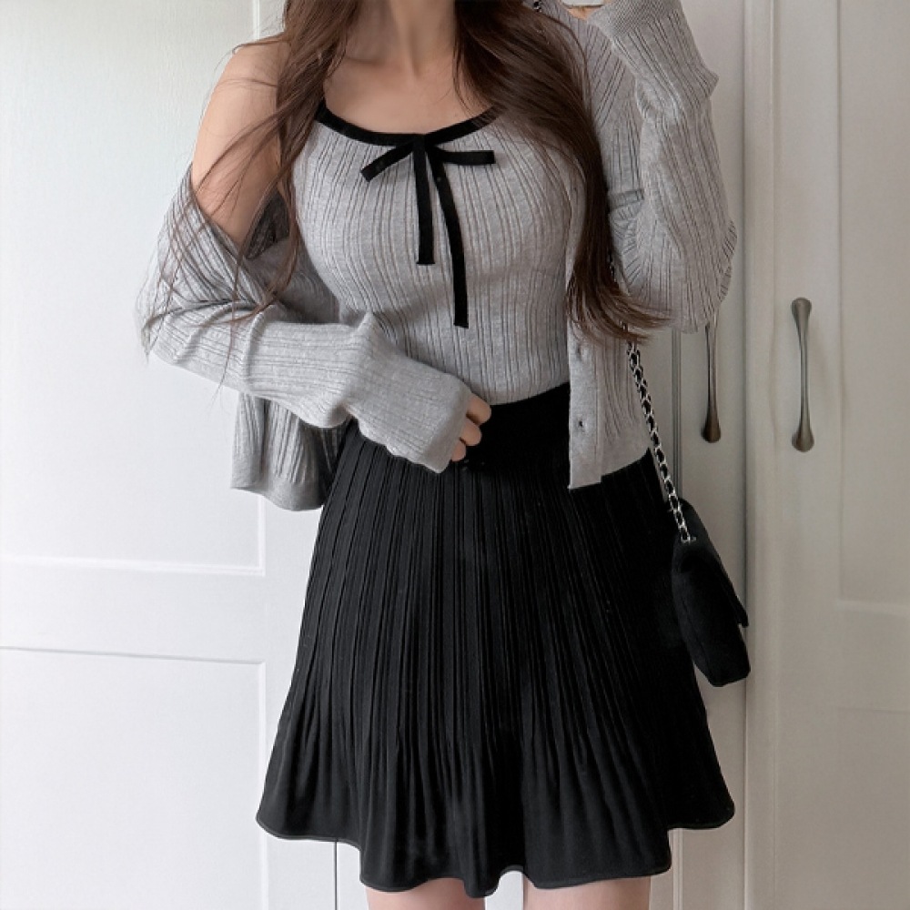 [EVELET BY JSTYLE] イーブレットダブルリブリボンカラーニットカーディガンセット J-STYLE