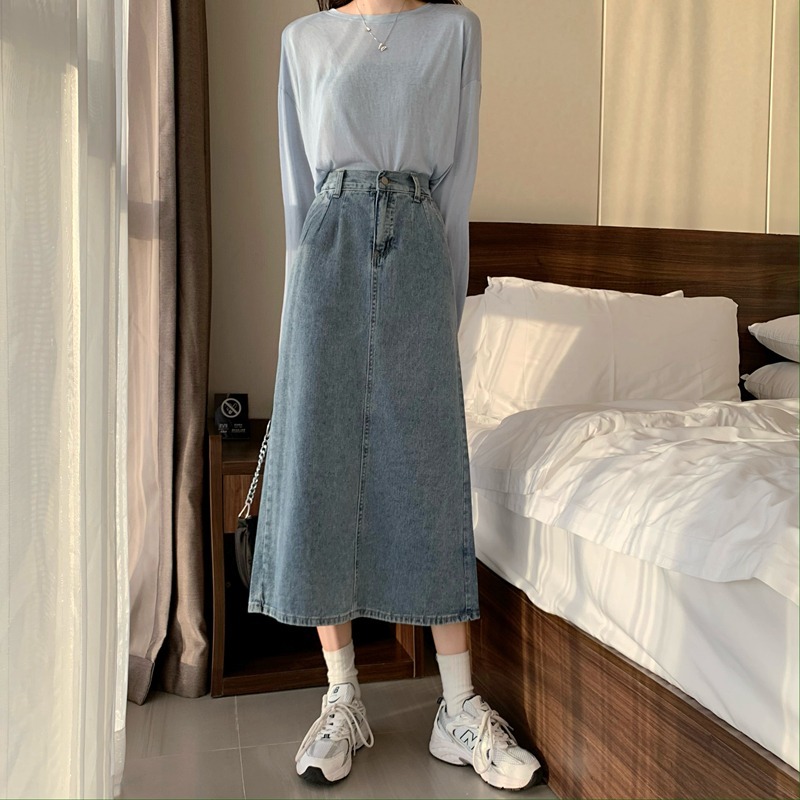 スカート デニム ミモレ Aライン バックスリット ファスナー ポケット ハイウエスト ブルー 大人可愛い きれいめ大きい無地 20代 オルチャン レディース お出かけ オールシーズン おしゃれ
