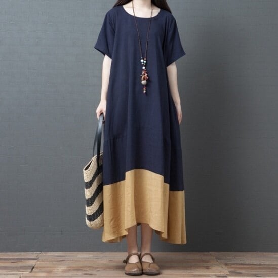 ワンピース レディース プルオーバー サマーワンピース 膝下 マキシ丈 袖あり 半袖 ラウンドネック Aライン バイカラー 無地 夏 春 秋 カジュアル シンプル かわいい 韓国 ２XL 体型カバー