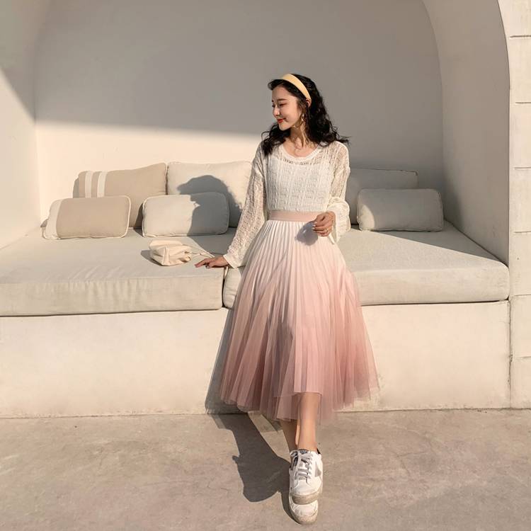 スカート ロング プリーツ レディース ミモレ フリーサイズ チュール スカイブルー ピンク 青 緑 あずき色 グラデーション Aライン 可愛い お洒落 ラブリー キュート お出かけ デート イベント