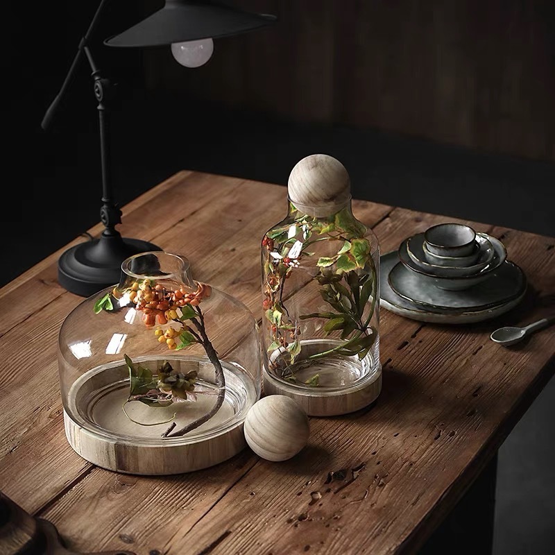 アメリカン 素朴 木製ボール ガラス花瓶 底 木製 小さな新鮮な水耕栽培植物 フラワーアレンジメント