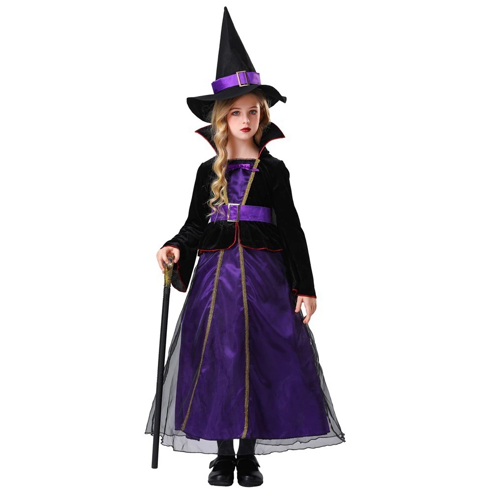 【1点ご購入 で10点プレゼントいたします】2025年子供女ハロウィンコスプレ紫の魔女ワンピース帽子セットコスプレ衣装