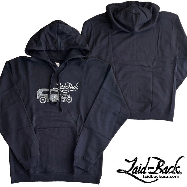 Laid-Back USA レイドバック プルオーバーパーカー メンズ レディース ユニセックス 裏起毛 フーディ クラシックカー USAロゴ アメカジ スウェット フード付き ブラック カジュアル