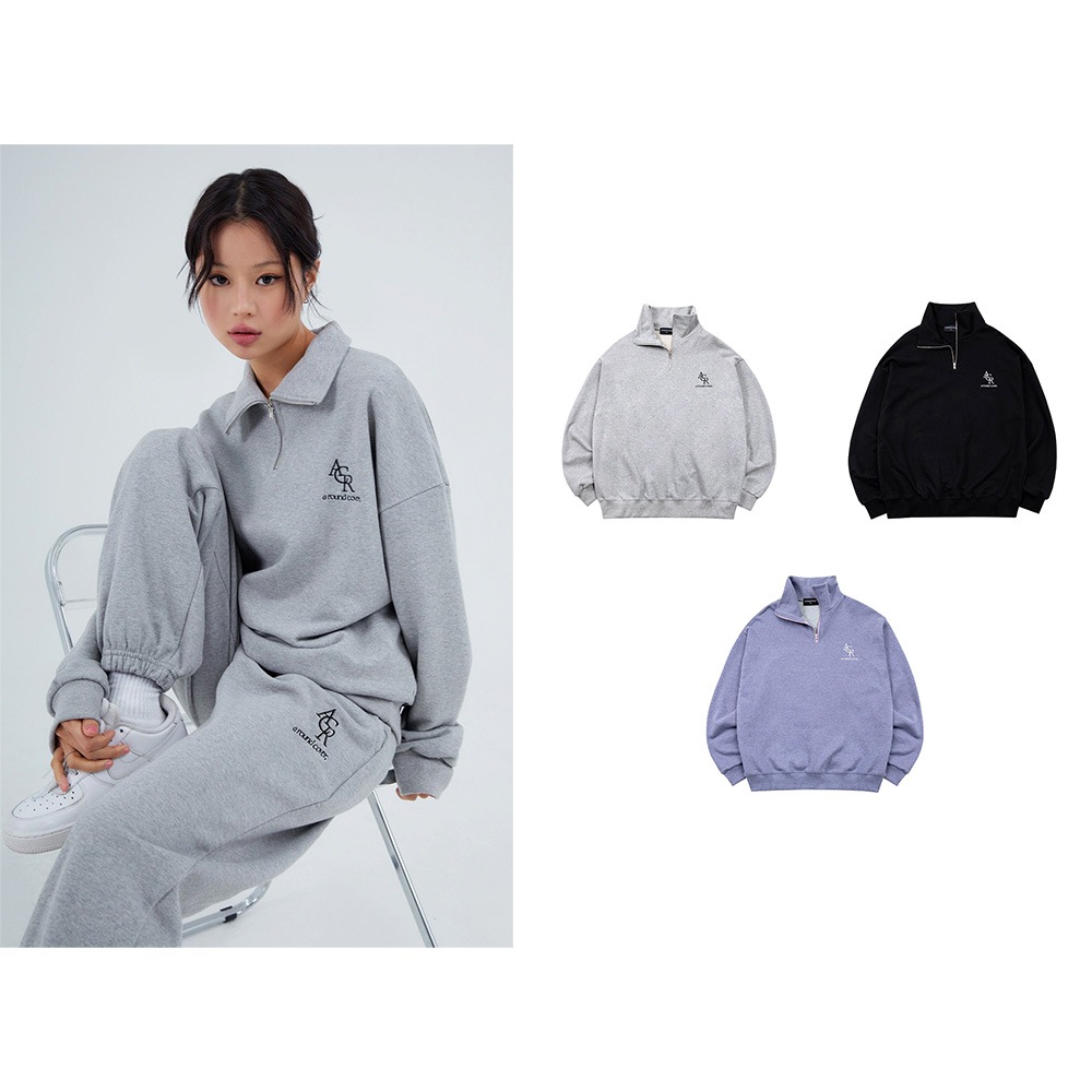 アラウンド刺繍ハーフジップアップ(3色)韓国の人気ブランド 大学生ファッション 韓国ファッション ユニセックス カジュアル