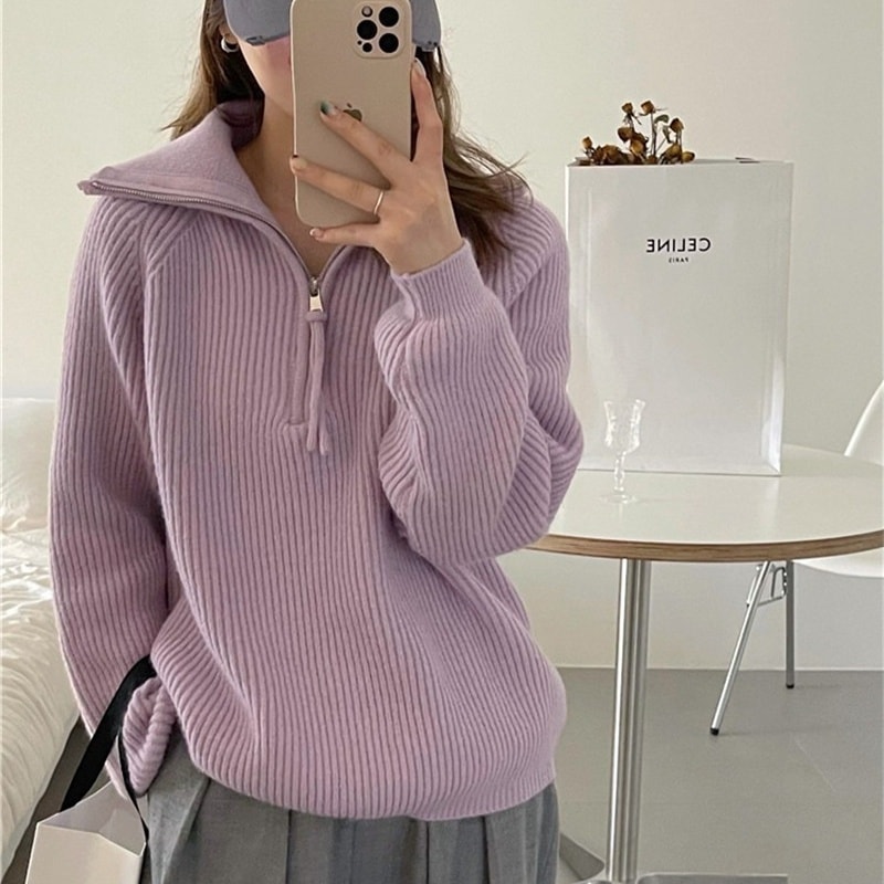 トップス セーター ニットセーター 長袖 襟付き ハーフジップ 2way ハイネック プルオーバー ミディアム丈 かわいい 大人可愛い きれいめ シンプル 上品 おしゃれ かっこいい カジュアル