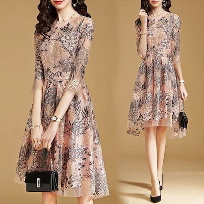 ワンピースドレス レディース 秋服 きれいめ 膝丈ワンピース 七分袖 花柄 レース刺繍ワンピース今日は30パーセント
