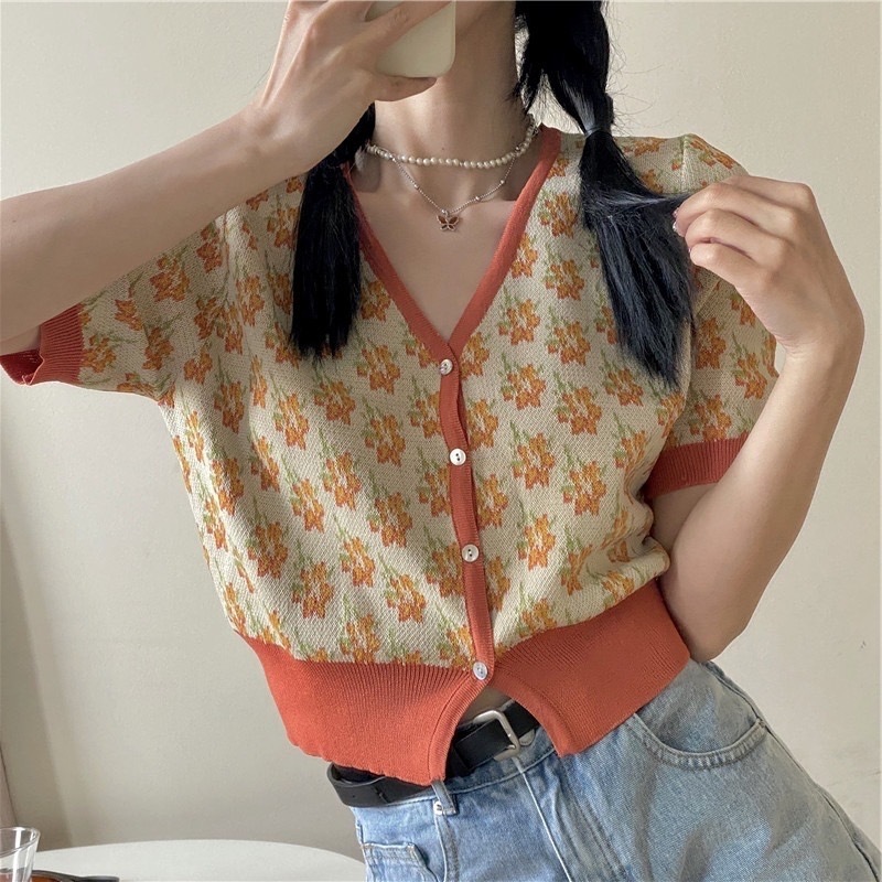 レディース トップス カットソー ニット セーター カーディガン サマーセーター サマーニット 前開き Tシャツ ショート クロップド丈 半袖 Vネック スリム フェミニン ハイウエスト リブ ボタン