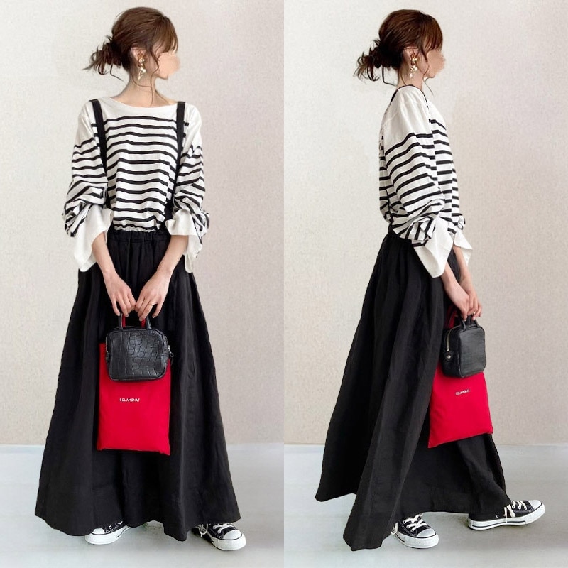 【人気沸騰】 ラウンドネックストライプトップス+サスペンダースカート2点セット