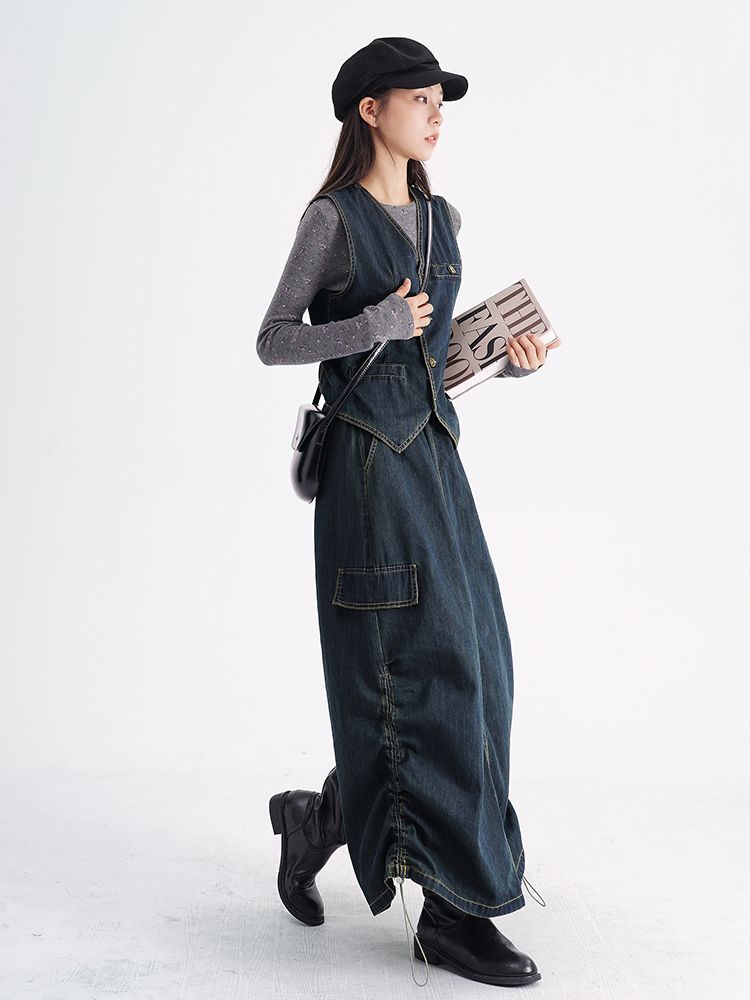 セットアップヒロイン!春の新作レトロ万能デニムスーツベストベストスカートスリム2点セット