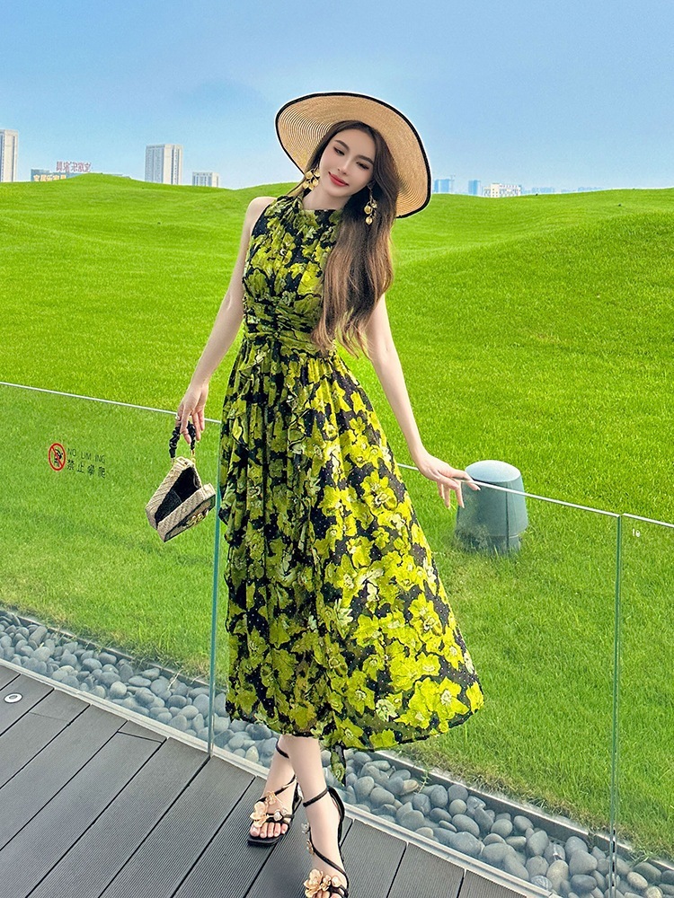 【JY.上品】 シフォン ロングワンピース 花柄 旅行 ボヘミア ビーチワンピース ハワイ ノースリーブ 着痩せ