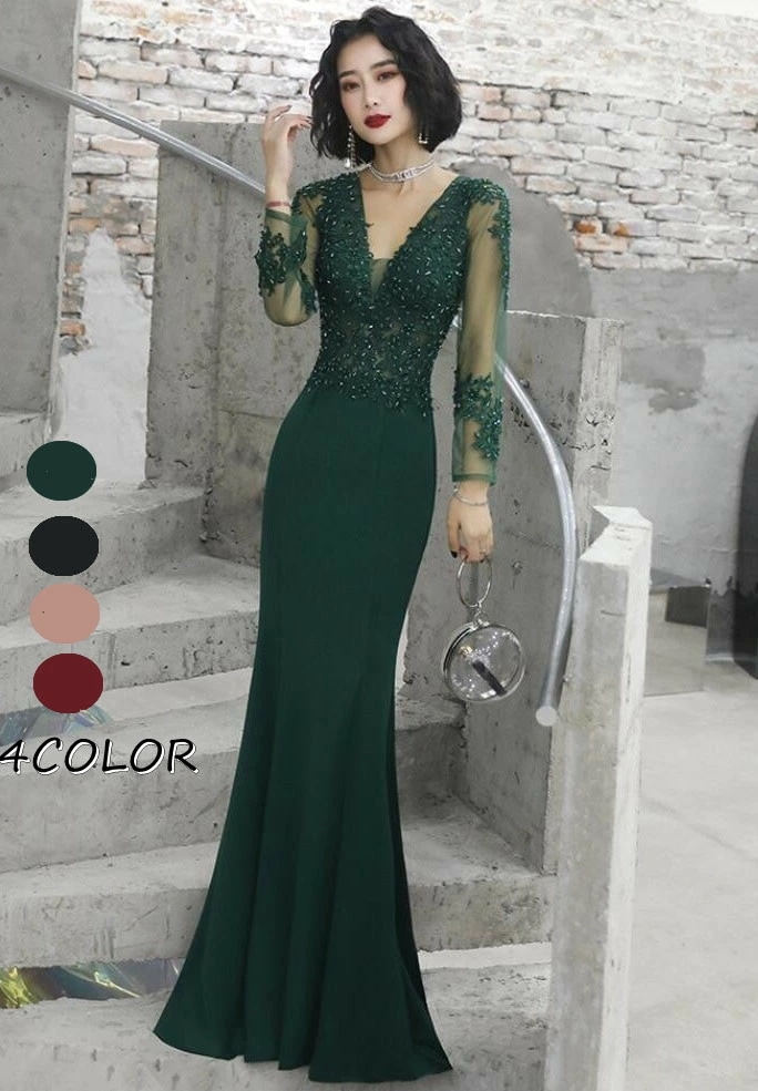 マーメイドドレス 袖あり 結婚式 ウエディングドレス フォーマル 二次会 披露宴 謝恩会 着痩せ 発表会 同窓会 女子会 20代 30代 40代 上品 大人 忘年会 パーティードレス ロング丈ドレス