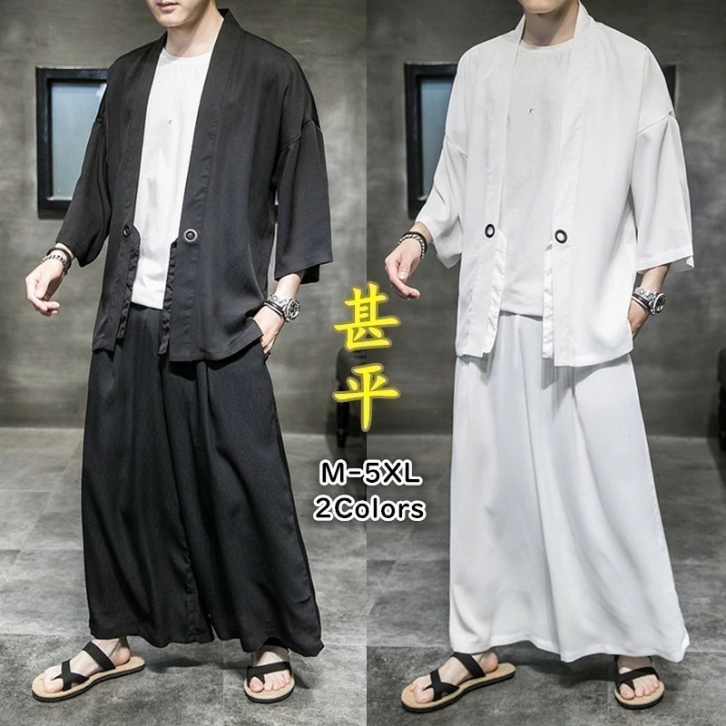 【短纳期】【2カラー7サイズ】甚平 メンズ 作務衣 羽織 セットアップ 着物 メンズ 上下セット 和風 カジュアル ロング カーディガン 7分袖 半袖 ゆったり 薄手 おしゃれ ルームウェア 夏服