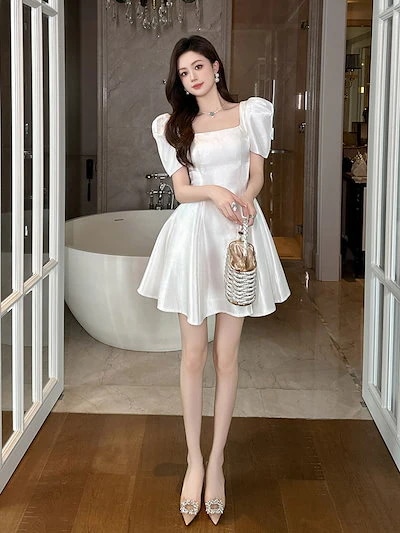 2024夏新品 お姫様 スクエア襟 Aライン ショート ドレス パーティー キャバ 大人 同窓会