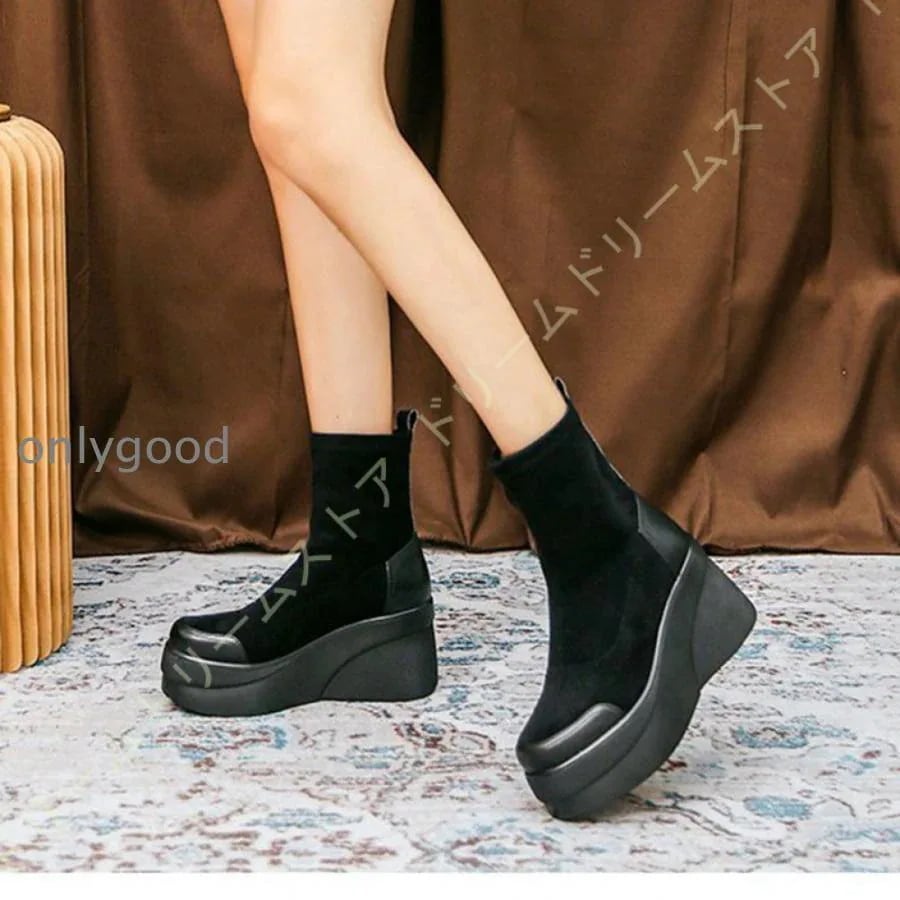 レディース ブーツ ショートブーツ ハイヒール 大きいサイズ 85cmヒール ストレッチ スエード ウェッジヒール 厚底靴 オシャレ 美脚 ファッション