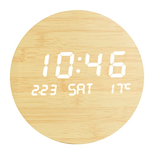 VANGOOD LEDデジタル時計 壁掛け 木製時計 12H/24H時間表示モード 丸形 おしゃれ