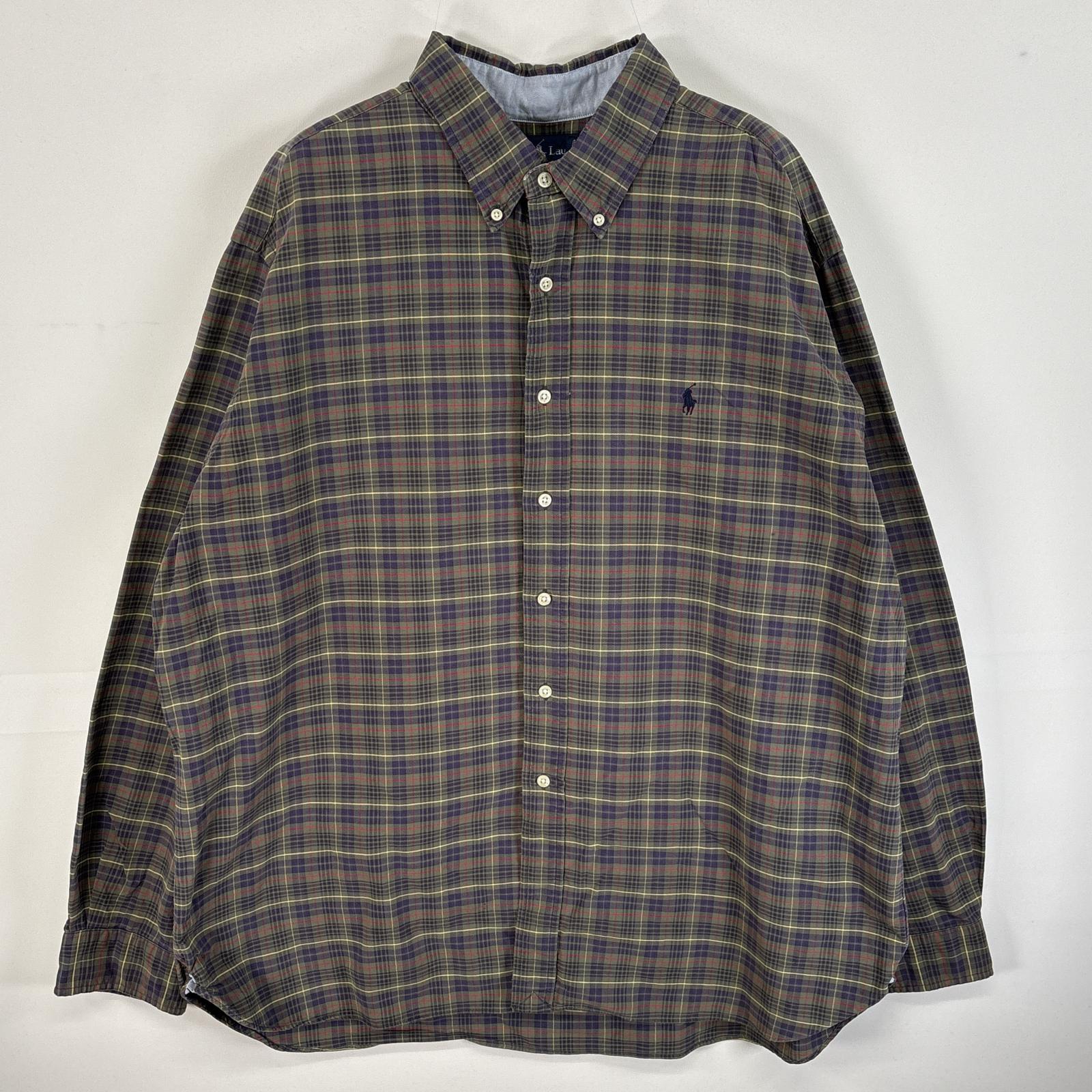 古着 90s/90年代 長袖シャツ チェック ワンポイント ロゴ 刺繍 肉厚 XXL グリーン系 マルチカラー メンズ