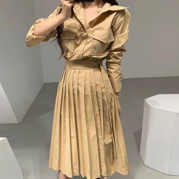 【即納あり】シャツワンピース ラッププリーツスカート 長袖 ミモレ丈 ベージュ ネイビー ダンス 衣