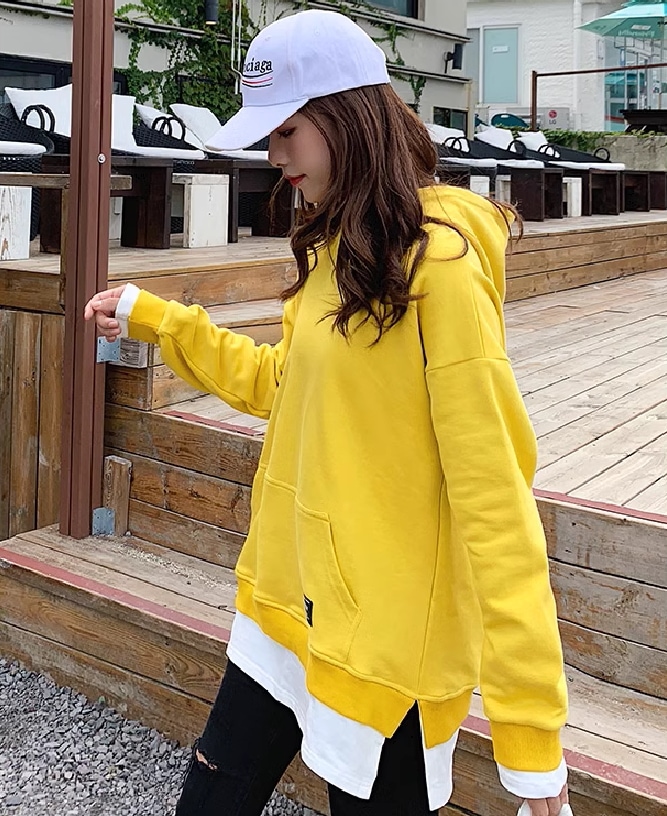 レディース トップス パーカー フェイクツーピース ロング お尻まですっぽり 長袖 フード ワイド かわいい 大人可愛い シンプル カジュアル おしゃれ かっこいい レトロ ラフ スポーティー