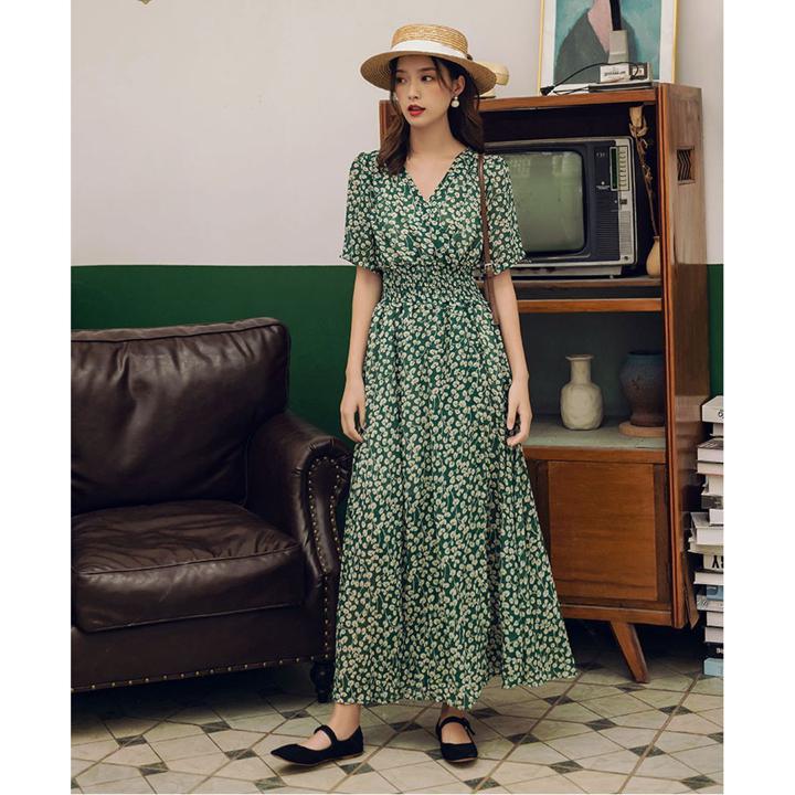 春夏 ドレス ロングドレス ワンピース マキシ丈 花柄 Vネック 袖あり 半袖 カジュアル エレガント お呼ばれ