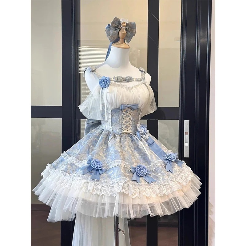 ブルージャガード地春ガールスイートガールプリンセスドレス