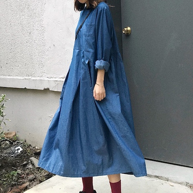 ワンピース 長袖 春 秋 冬 カジュアル ロング aライン aライン デニムワンピース 膝下 ミモレ丈 ロング丈 ラウンドネック フレア Aライン 青 ブルー ワンサイズ 大きめ ゆったり ゆる かわ