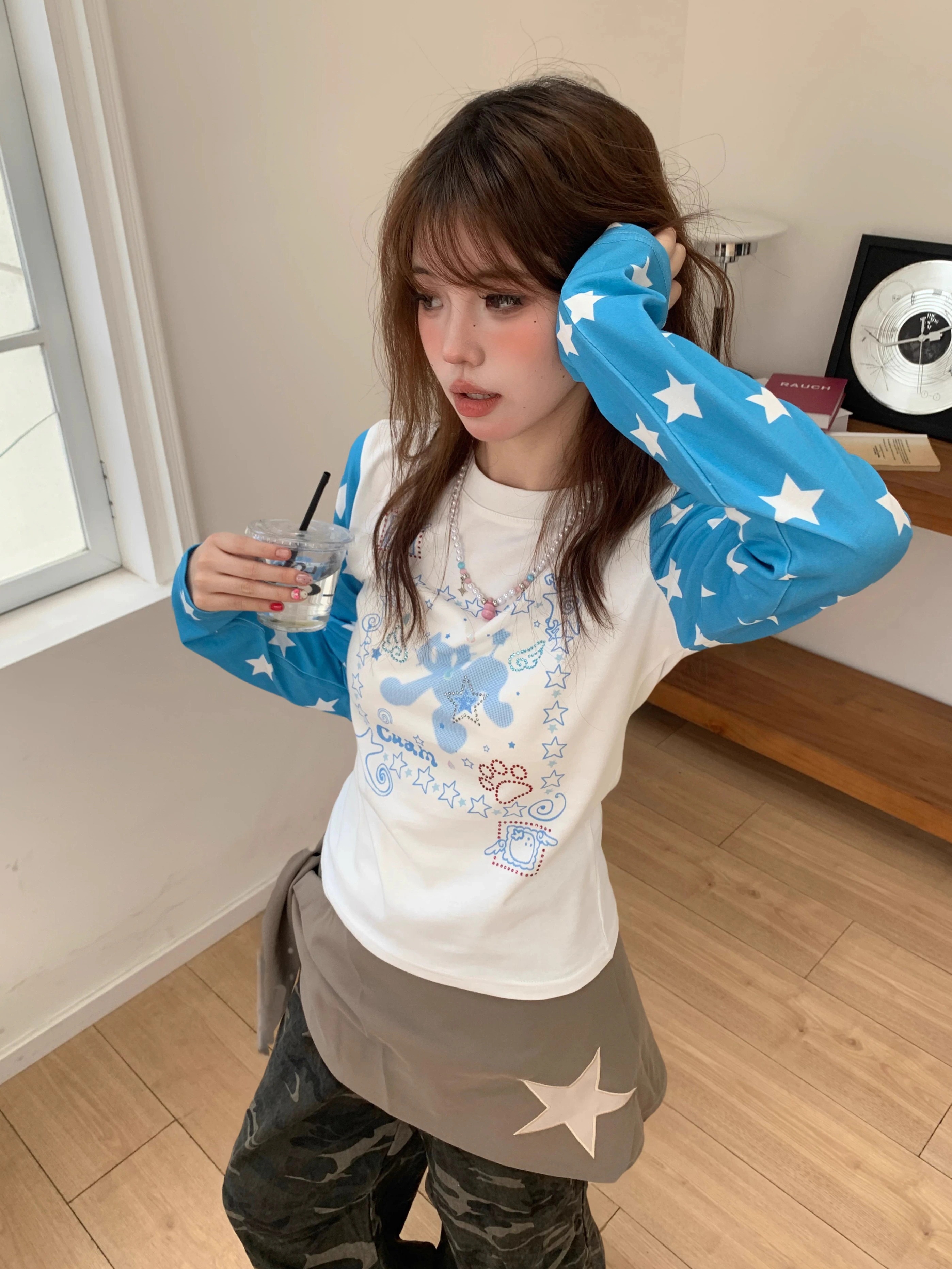 25 長袖 Tシャツ プリントショート丈 カットソーラウンドネックK-PPトップスカジュアル配色韓国系ストリートへそ出しタイトVネックスリーブTファッションレディースかわいい衣装風