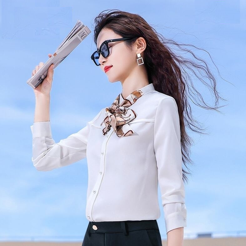 ボウタイ リボンタイ トップス シャツ ブラウス 白シャツ 白トップス 袖あり 長袖 襟付き シフォン リボン かわいい 大人可愛い きれいめ シンプル 大人 上品 おしゃれ お洒落 レトロ