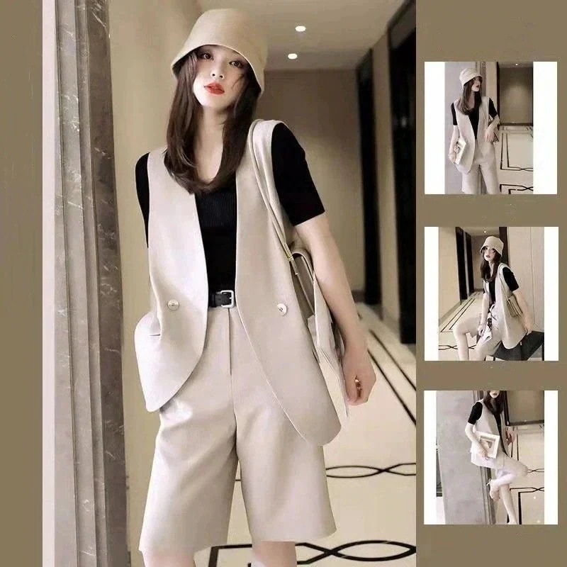 セットアップ スーツベスト+黒 半袖Tシャツ+膝丈 パンツ オフィスレジャー 通勤スーツ 3点セット