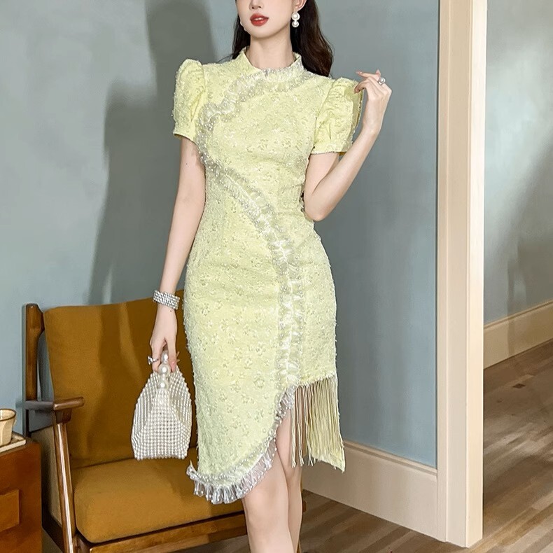 ドレス ワンピース チャイナドレス パーティー 演奏会 発表会 ステージ 衣装 謝恩会 ラウンジ ミニ 膝上 半袖 ボリューム スタンドカラー スレンダー スリム アシンメトリー 細身 Iライン