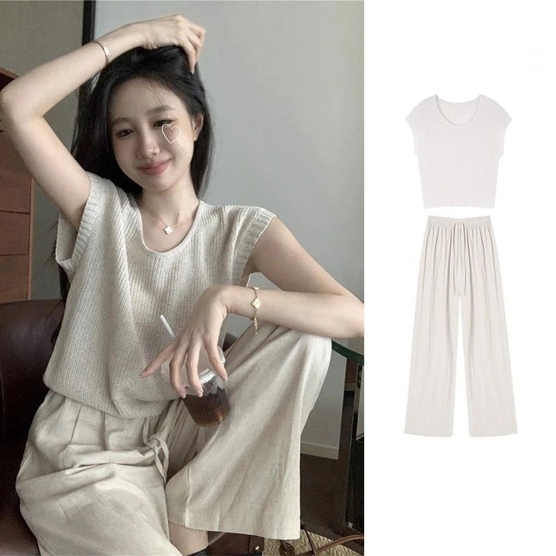 セットアップ夏の梨の形のスタイルに爆金街のカジュアルファッション港風トップスのワイドパンツ2枚セット女t 4,939円