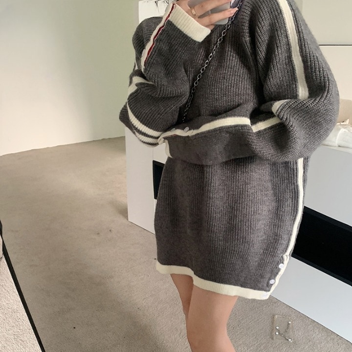 セーター ニット トップス クルーネック ライン トリコロール スリット ビッグシルエット ドロップショルダー 長袖 大人可愛い