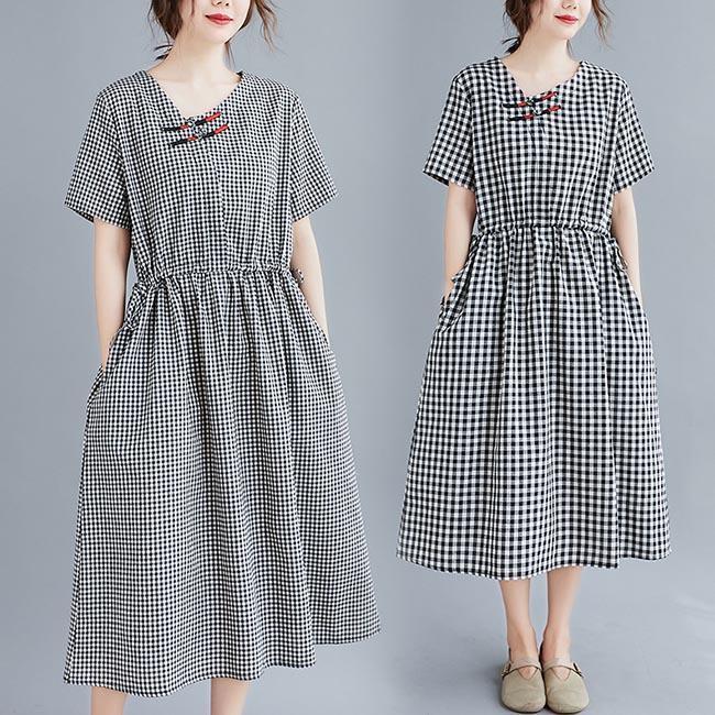 春 夏 ワンピース 夏 レディース 半袖ワンピース チェック柄 サマーワンピース 体型カバー チャイナドレス 半袖 ロングワンピ ミモレワンピース