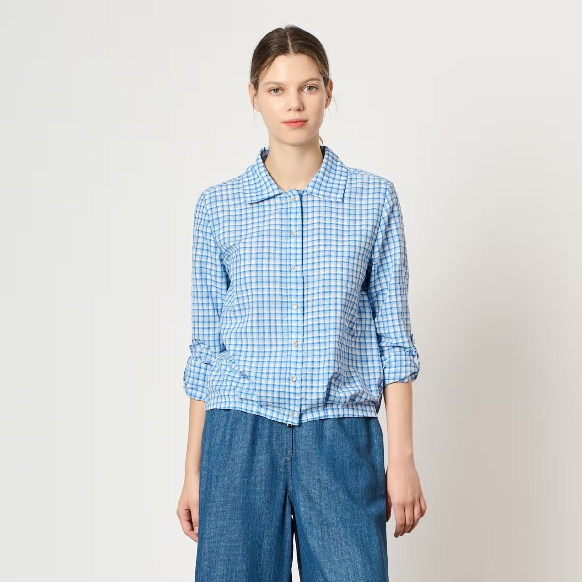 [韓国オフィスコーデ きれいめ] チェックバンディングシャツブラウス