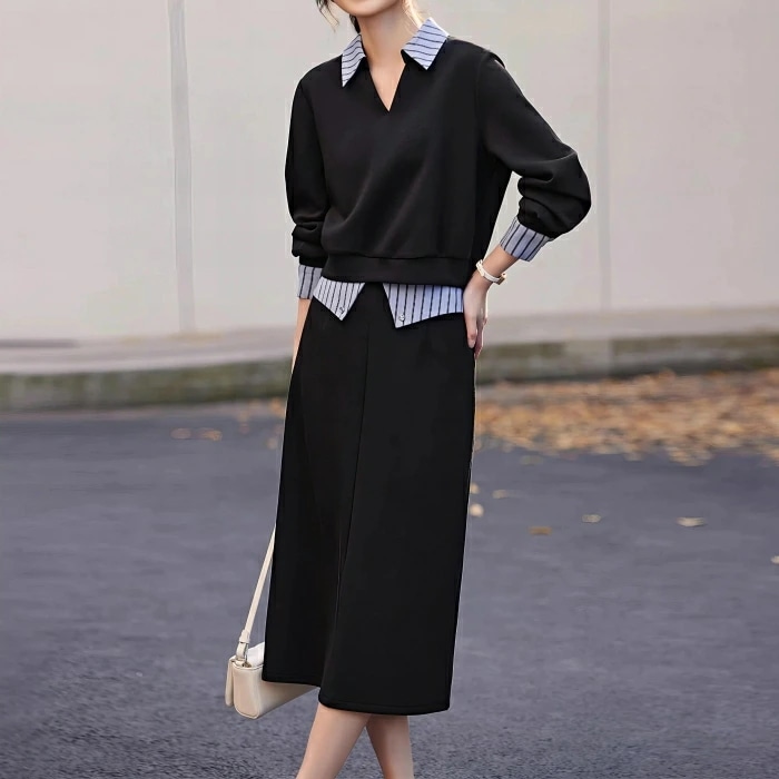 セットアップ レディース トップス スカート レイヤード風 ストライプ 切り替え 長袖 2点セット エレガント カジュアル きれいめ フェミニン Vネック 大人 可愛い おしゃれ リラックス 楽ちん