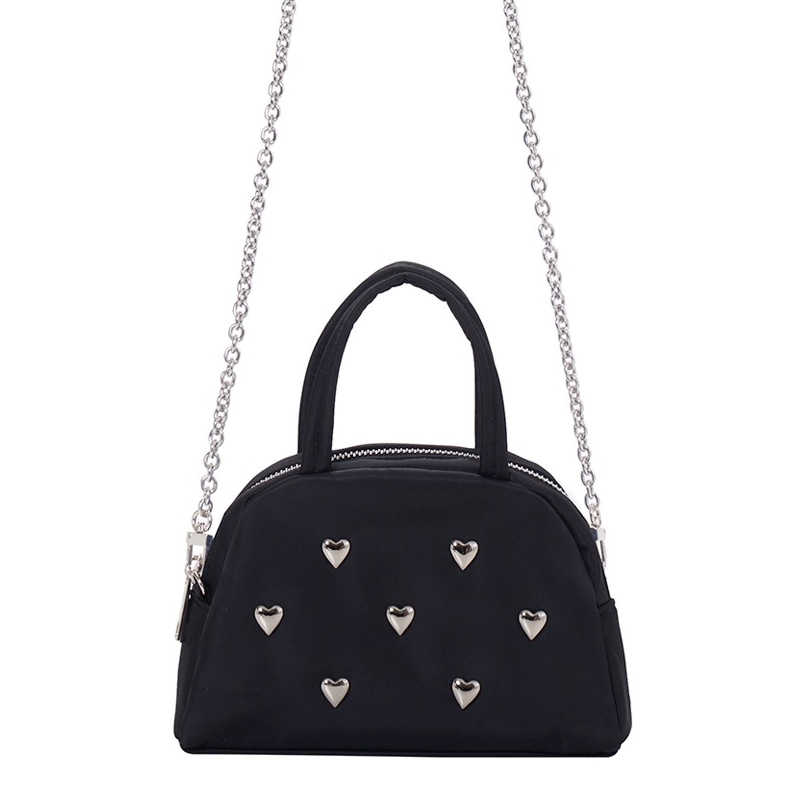 「韓国人気」Mini Silver Heart Studs Black Half Moon Bag ブラック ハートスタッズ ミニバッグ