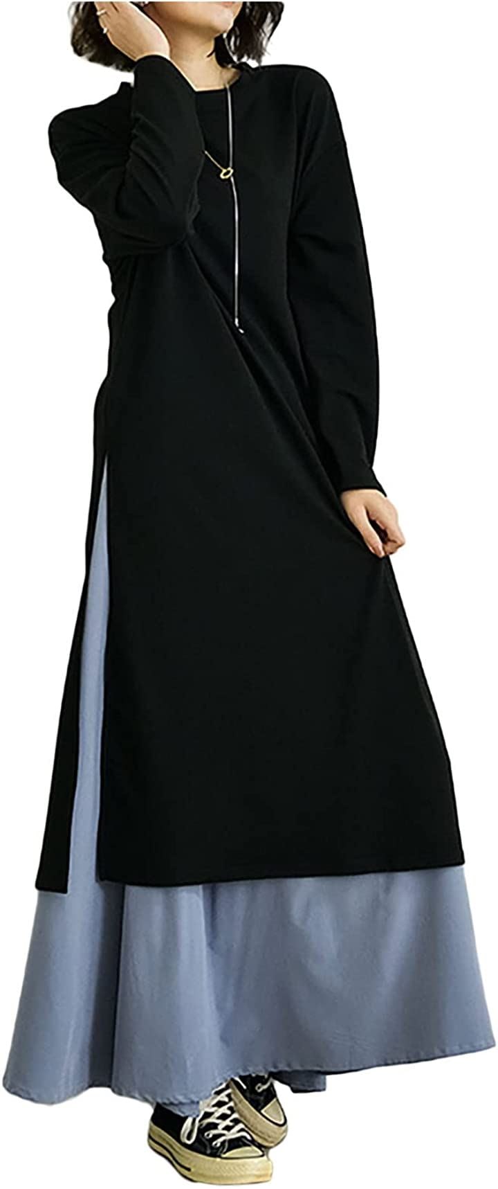 セットアップ 上下セット 重ね着 ロング ゆったり レディース ロングワンピース 長袖カジュアルワンピース(ブルー, M)